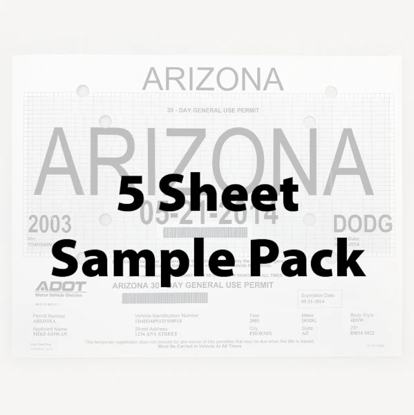 ADOT Temporary License Plate Sheets-Sample Pack