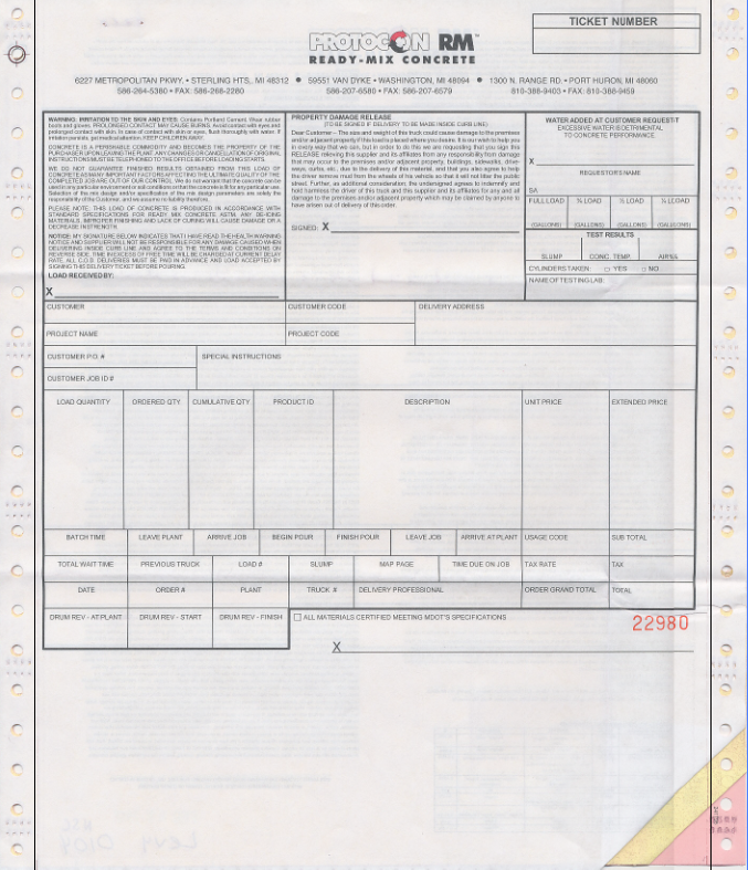 Continuous Concrete Ticket Protocon - 4pt Form
