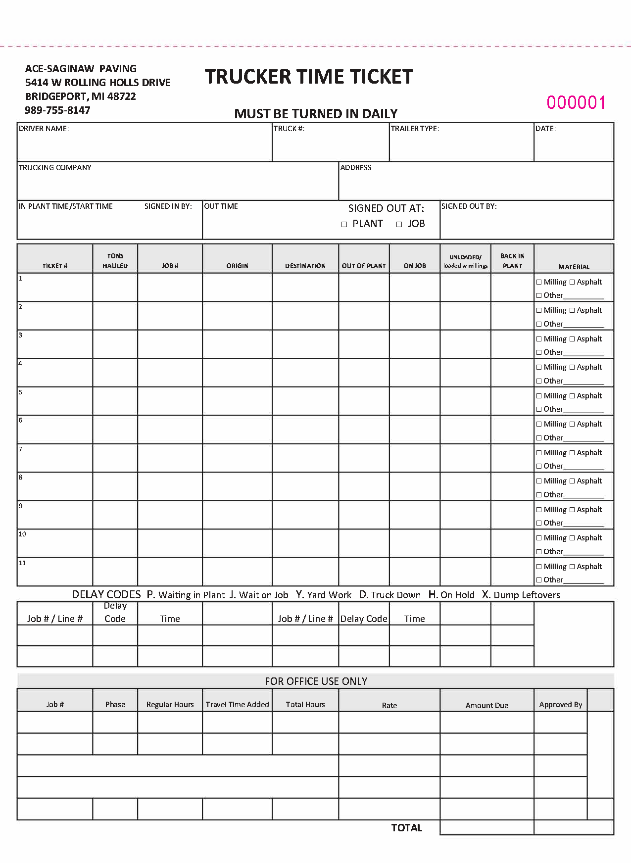 Ace-Saginaw Trucker Time Ticket