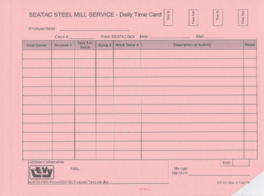 SeaTac Time Card 2 Part - Blank