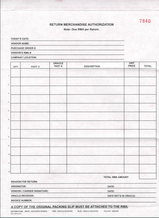 Return Merchandise Authorization 4 part