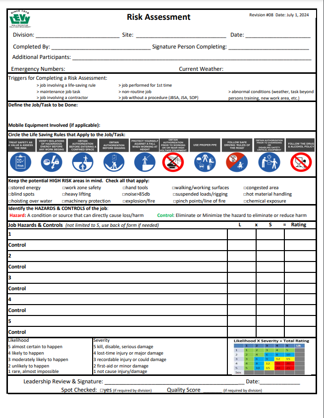 Risk Assessment Form (Rev. 8) Pads of 100
