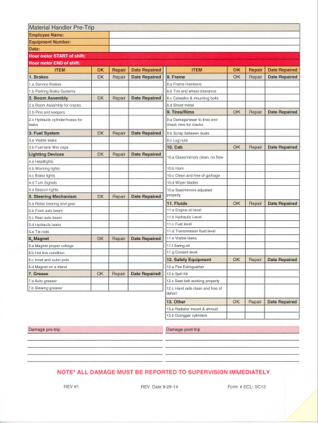 Material Handler Pre-Trip