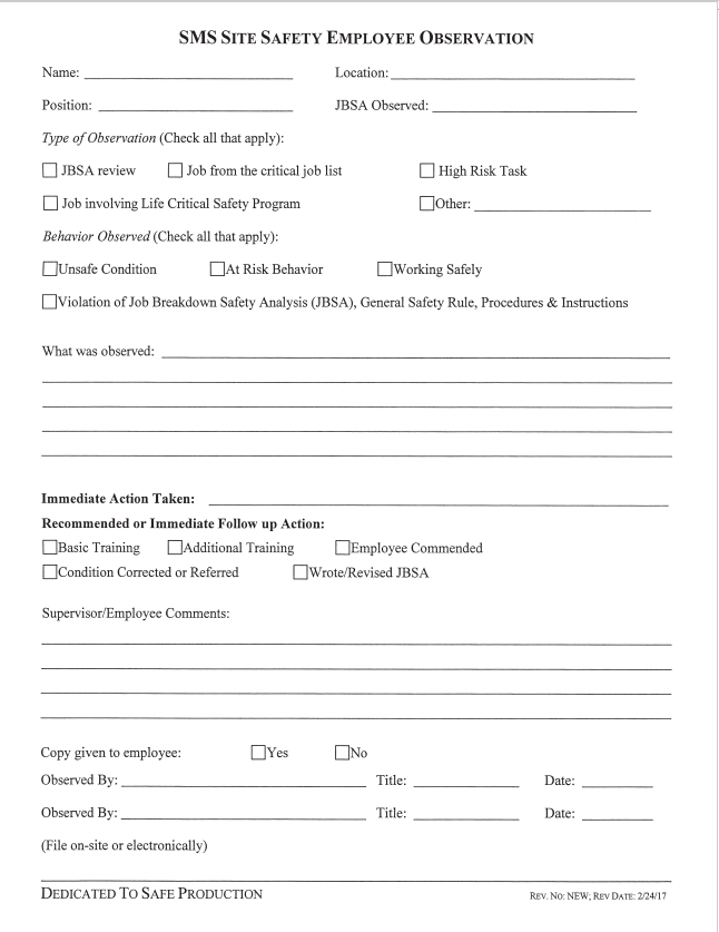 SMS Site Safety Employee Observation, 2 Part Form