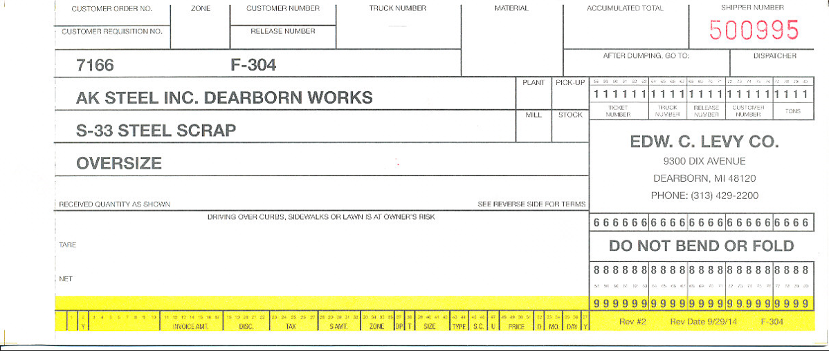 F304 AK Steel Ticket Oversize