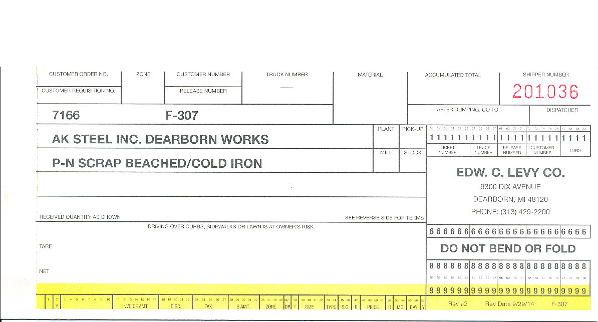 F307 AK Steel Ticket Scrap Beached / Cold Iron