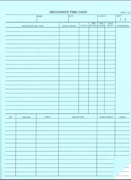 Mechanics Time Card, 2-Part