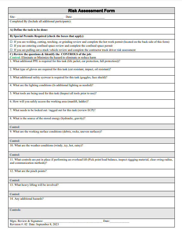 2023 Risk Assessment Form 2-Sided