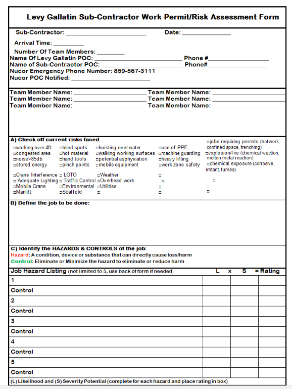 Levy Gallatin Work Permit/Risk Assessment Form