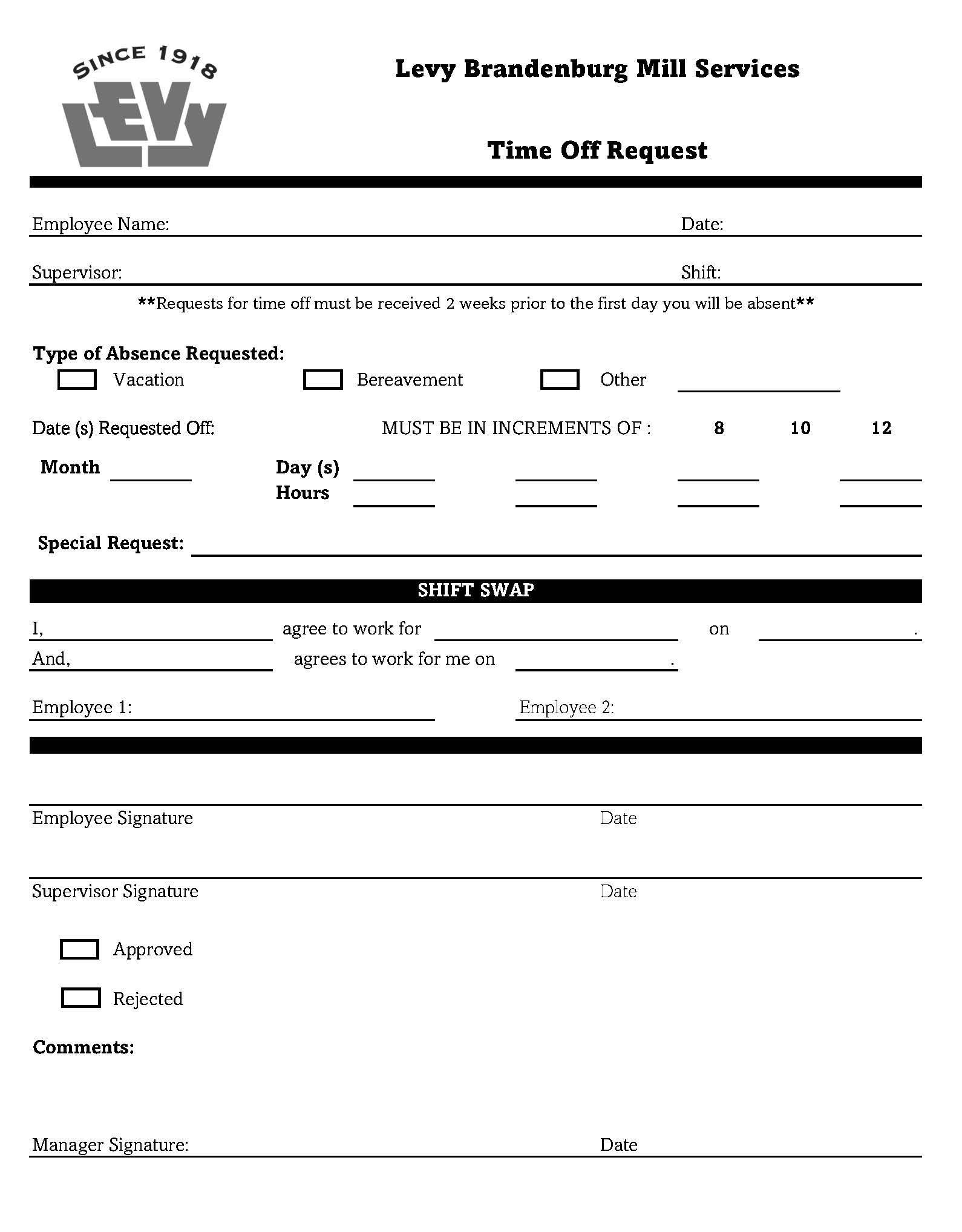 Vacation Request Form - Brandenburg Mill Services