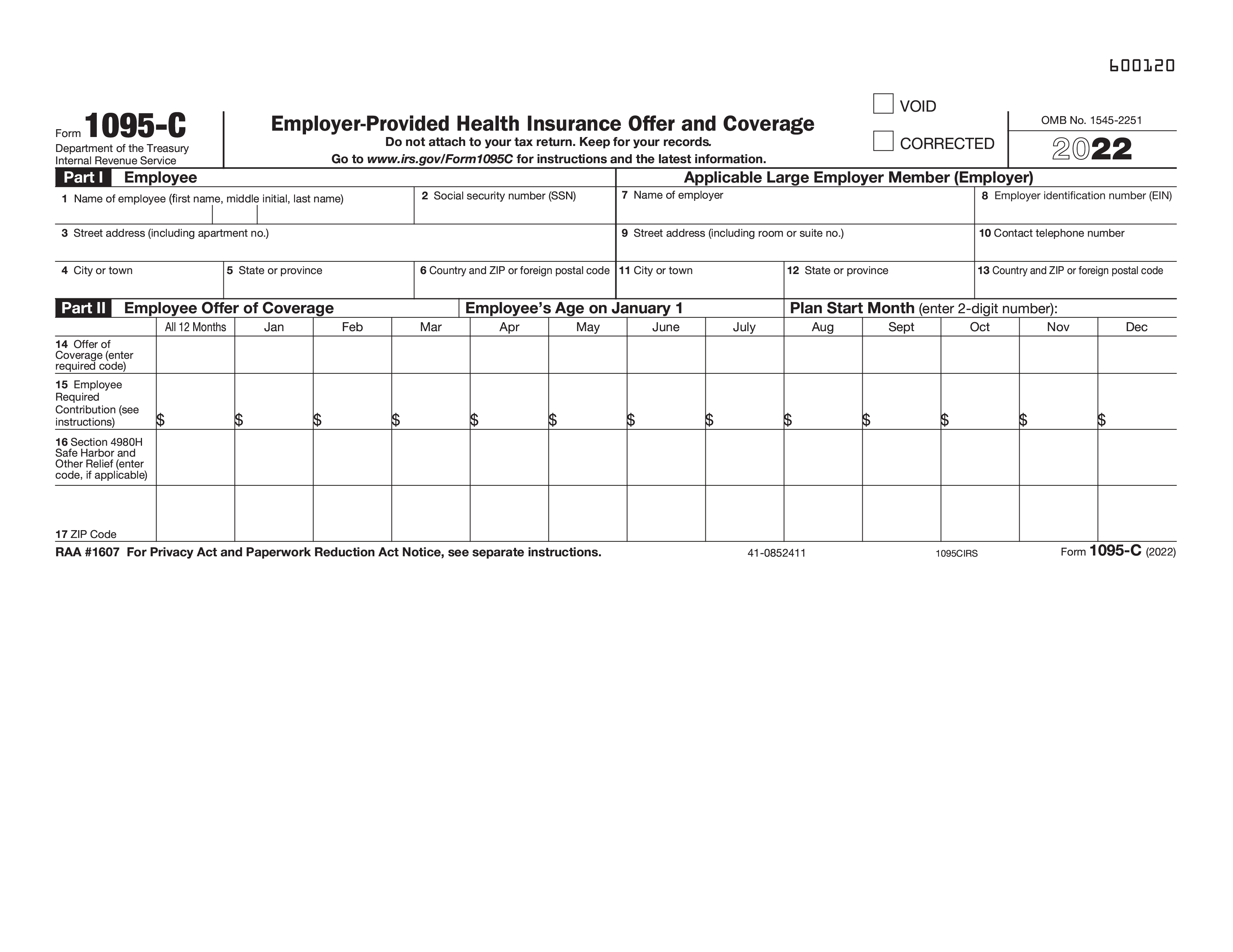 1095-C IRS Employer-Provided Health Insurance Full Page Landscape Version
