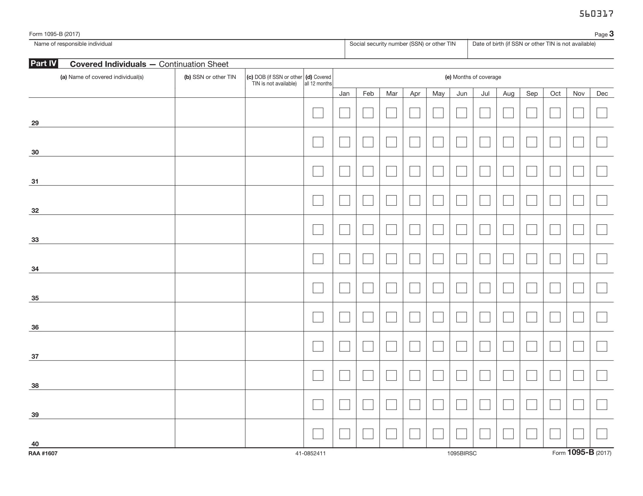1095-B IRS Copy Health Coverage - Continuation Sheet