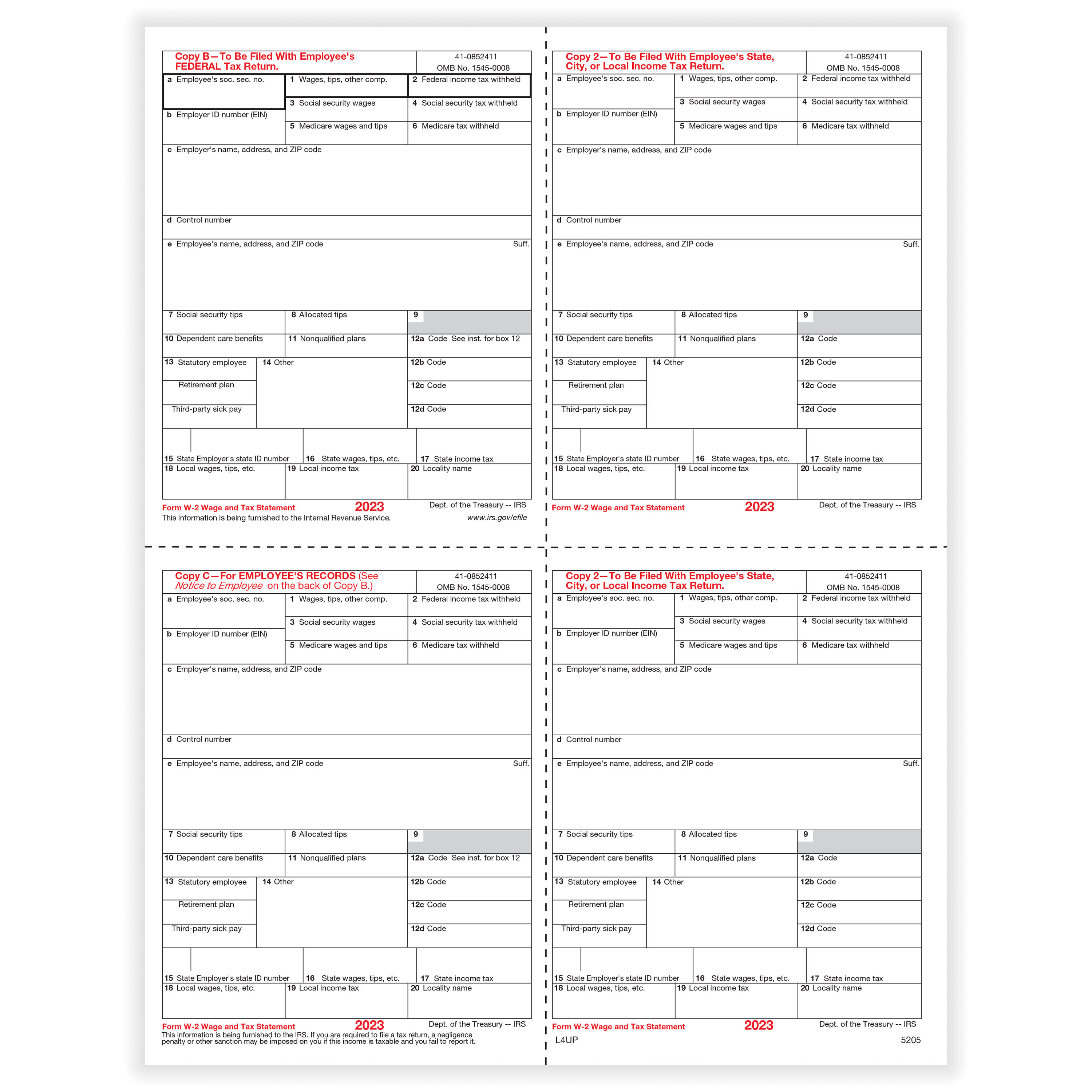W2 Employee 4-Up Box Copy Cut Sheet
