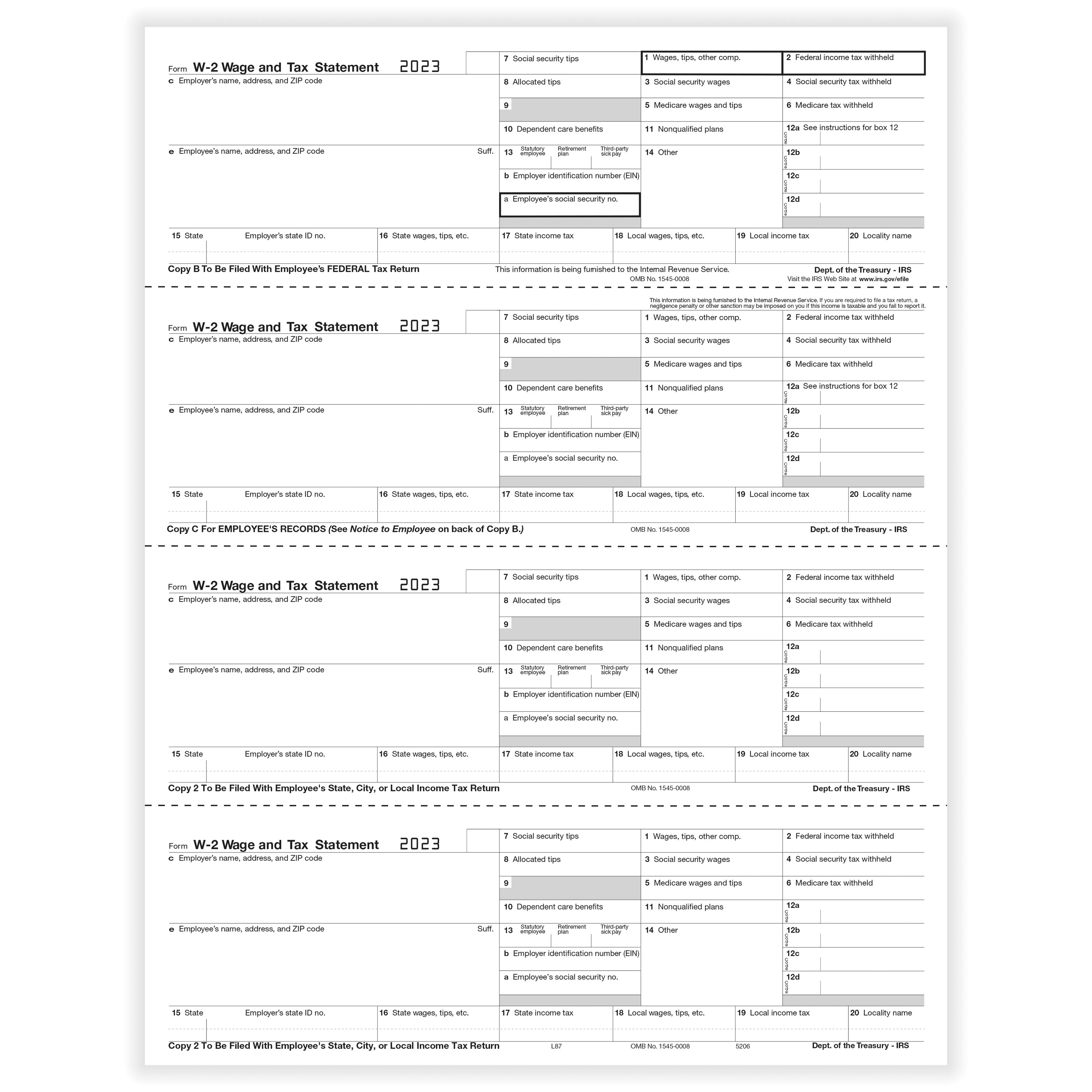 W2 Employee 4-Up Horizontal Copy Cut Sheet