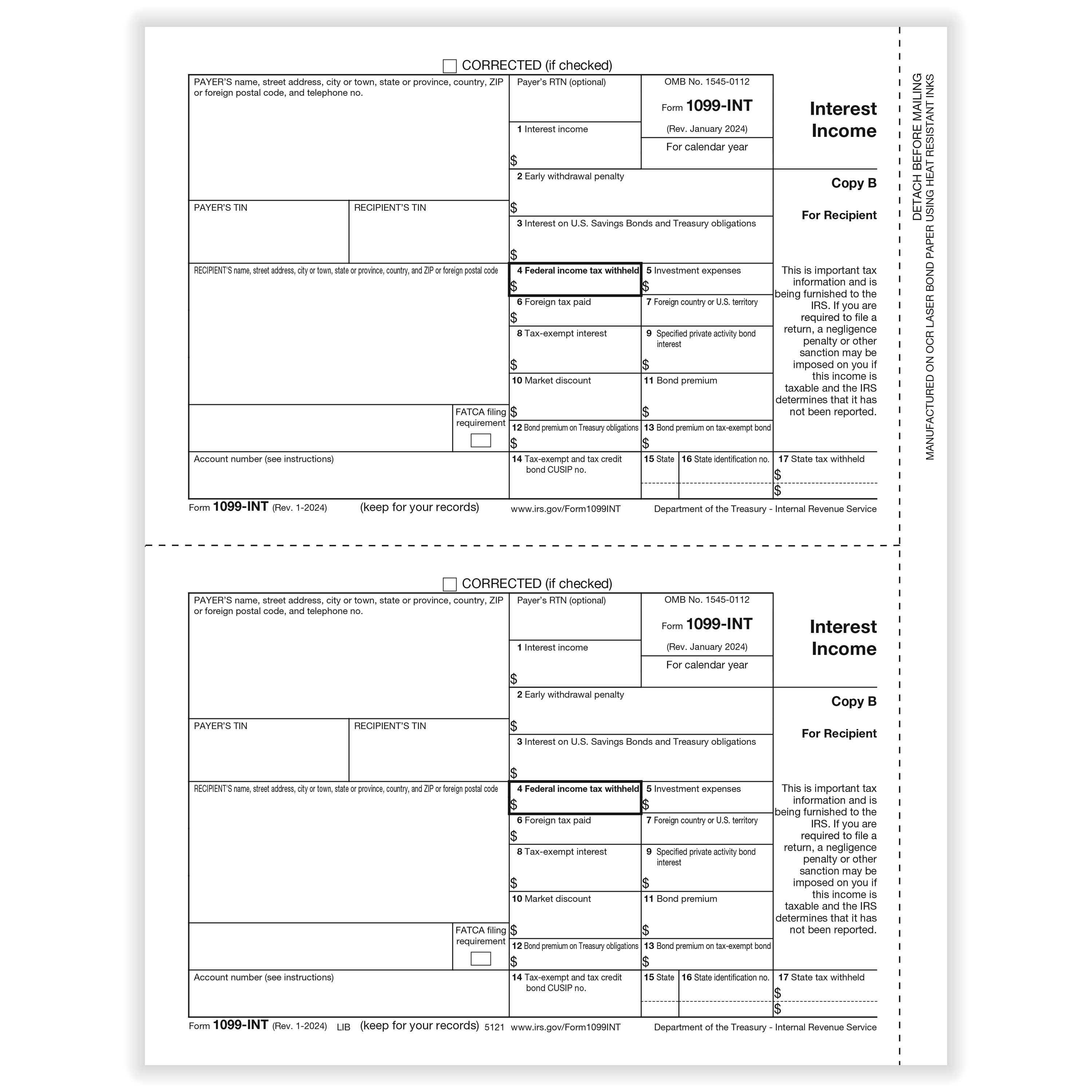 1099 Interest Record Copy B Cut Sheet