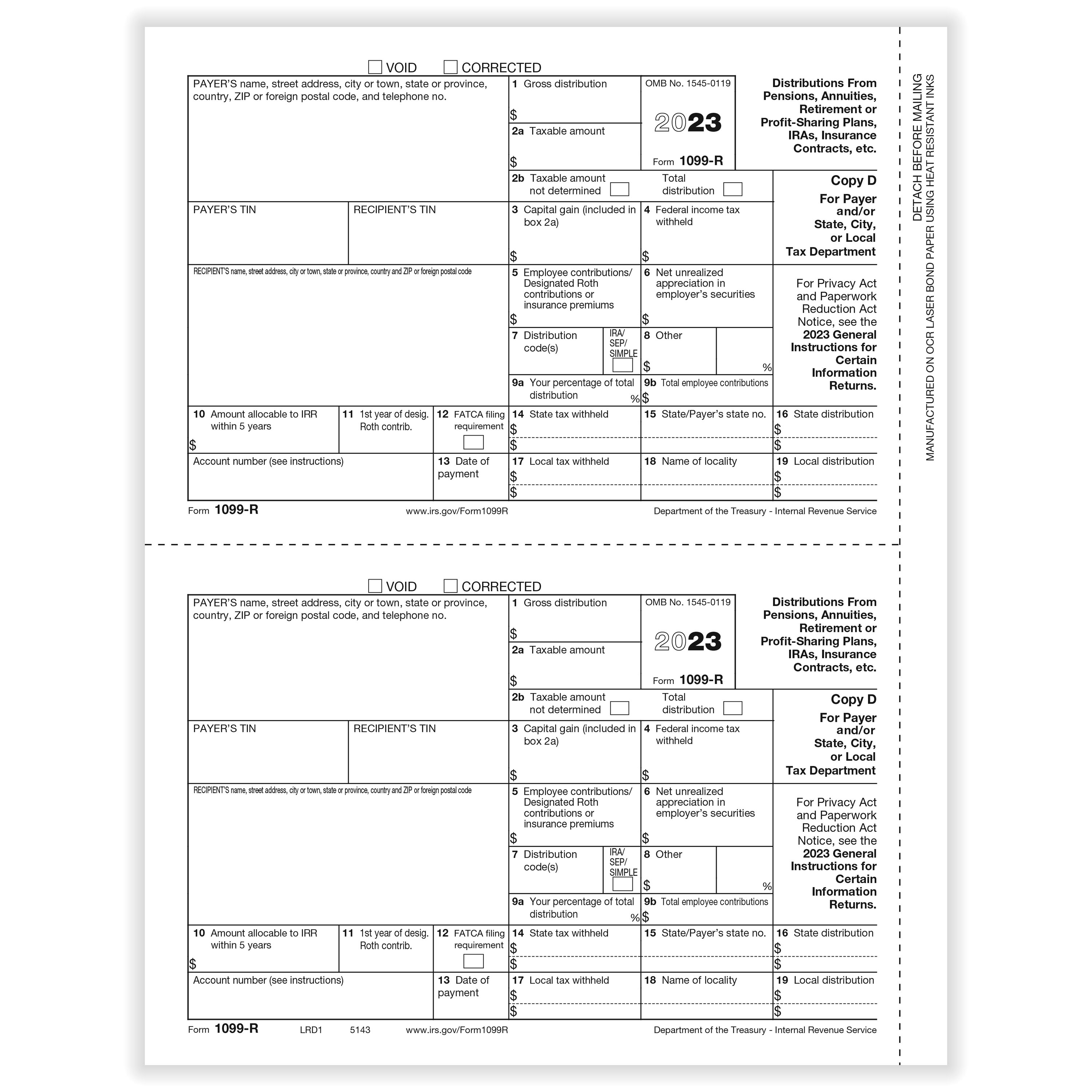 1099-R Payer Copy D and/or State, City or Local Copy Cut Sheet