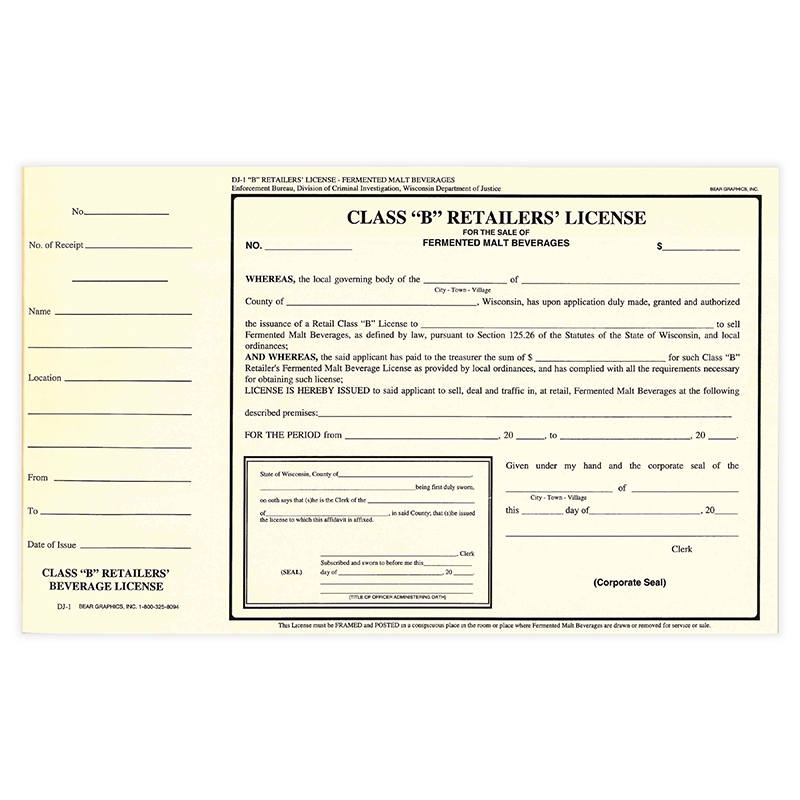 DJ-1: Class B Retailers Fermented Malt Beverage License
