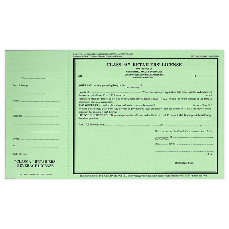 DJ-4: Class A Retailer's License for Fermented Malt Beverages