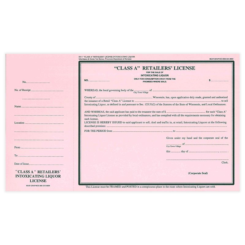 DJ-5: Class A Retailer's License for Intoxicating Liquor