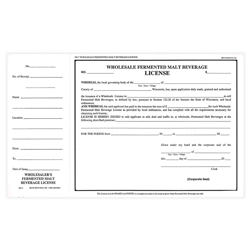 DJ-7: Wholesaler's Fermented Malt Beverage License