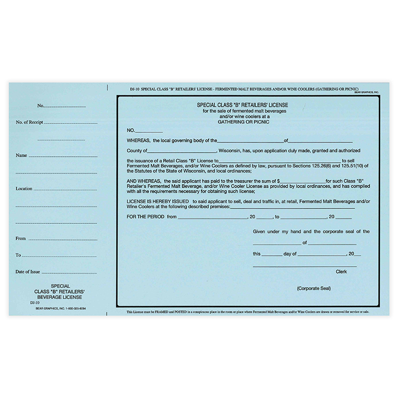 DJ-10: Special Class B Retailers' Beverage License