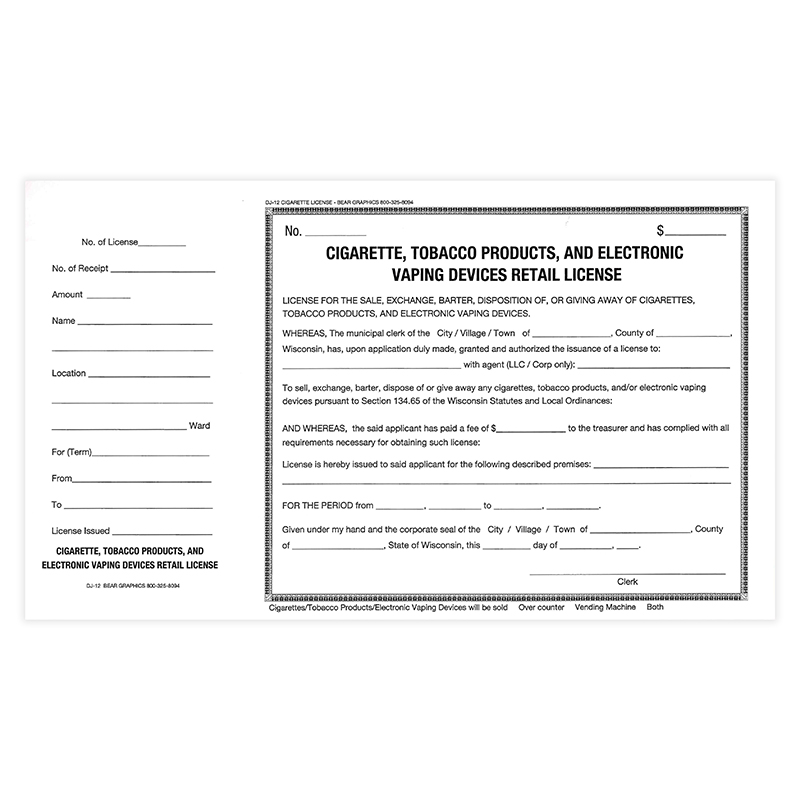 DJ-12: Cigarette, Tobacco, and Electronic Vaping Products Retail License
