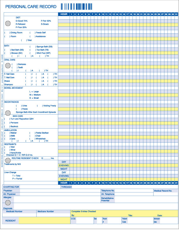 1 Part Personal Care Record LTC Laser Forms