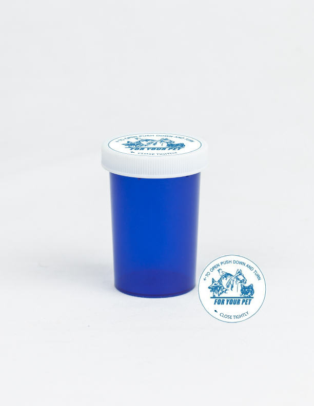 20 Dram Blue Vial and Vet Cap, Child Resistant Plastic Prescription Vials