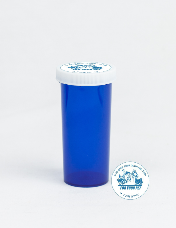 30 Dram Blue Vial and Vet Cap, Child Resistant Plastic Prescription Vials
