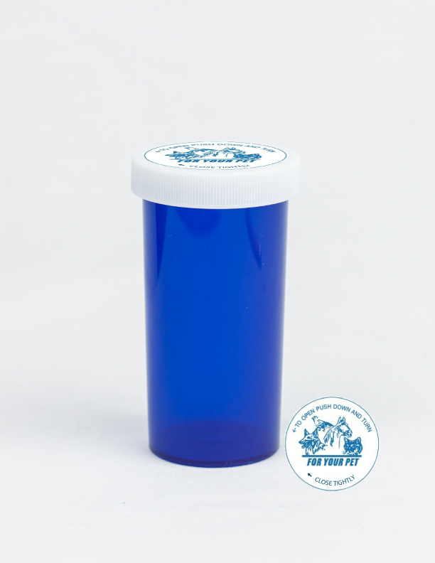 40 Dram Blue Vial and Vet Cap, Child Resistant Plastic Prescription Vials