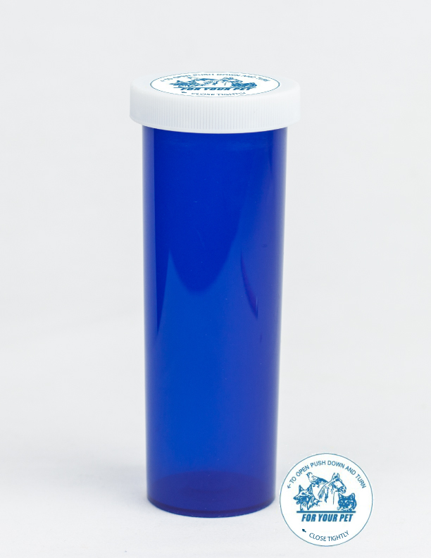 60 Dram Blue Vial and Vet Cap, Child Resistant Plastic Prescription Vials