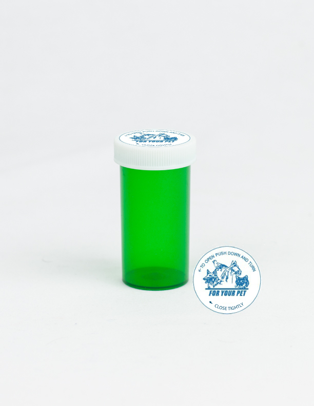 13 Dram Green Vial and Vet Cap, Child Resistant Plastic Prescription Vials