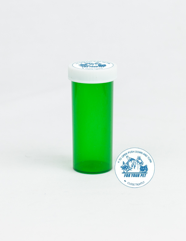 16 Dram Green Vial and Vet Cap, Child Resistant, Plastic Prescription Vials