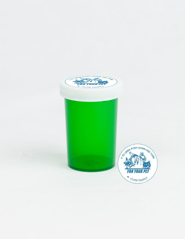 20 Dram Green Vial and Vet Cap, Child Resistant, Plastic Prescription Vials