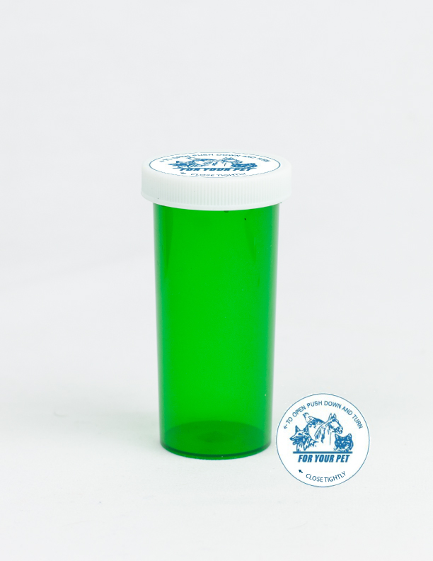 30 Dram Green Vial and Vet Cap, Child Resistant, Plastic Prescription Vials