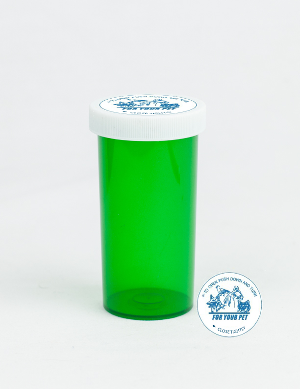 40 Dram Green Vial and Vet Cap, Child Resistant, Plastic Prescription Vials