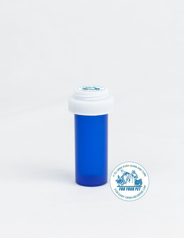 8 Dram Blue Vial and Vet Cap, Reversible Plastic Prescription Vials