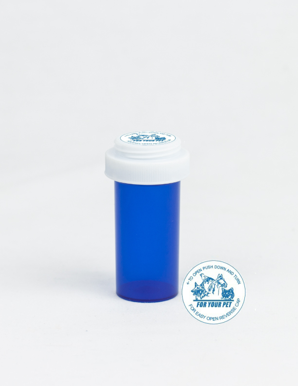 13 Dram Blue Vial and Vet Cap, Reversible Plastic Prescription Vials