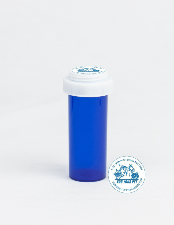16 Dram Blue Vial and Vet Cap, Reversible Plastic Prescription Vials