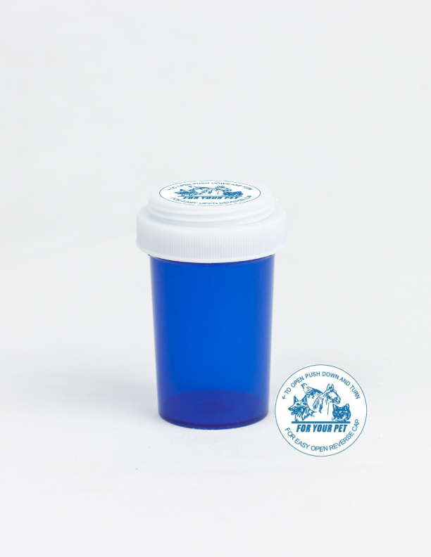 20 Dram Blue Vial and Vet Cap, Reversible Plastic Prescription Vials