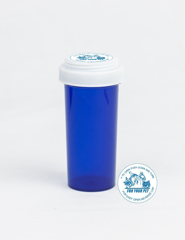 30 Dram Blue Vial and Vet Cap, Reversible Plastic Prescription Vials
