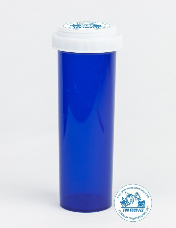 60 Dram Blue Vial and Vet Cap, Reversible Plastic Prescription Vials