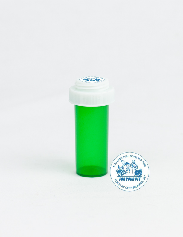 8 Dram Green Vial and Vet Cap, Reversible Plastic Prescription Vials