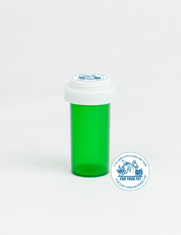 13 Dram Green Vial and Vet Cap, Reversible Plastic Prescription Vials