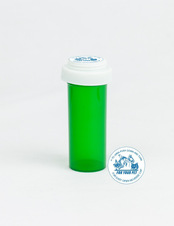16 Dram Green Vial and Vet Cap, Reversible Plastic Prescription Vials