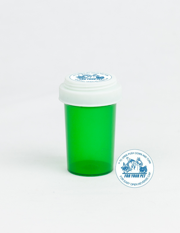 20 Dram Green Vial and Vet Cap, Reversible Plastic Prescription Vials