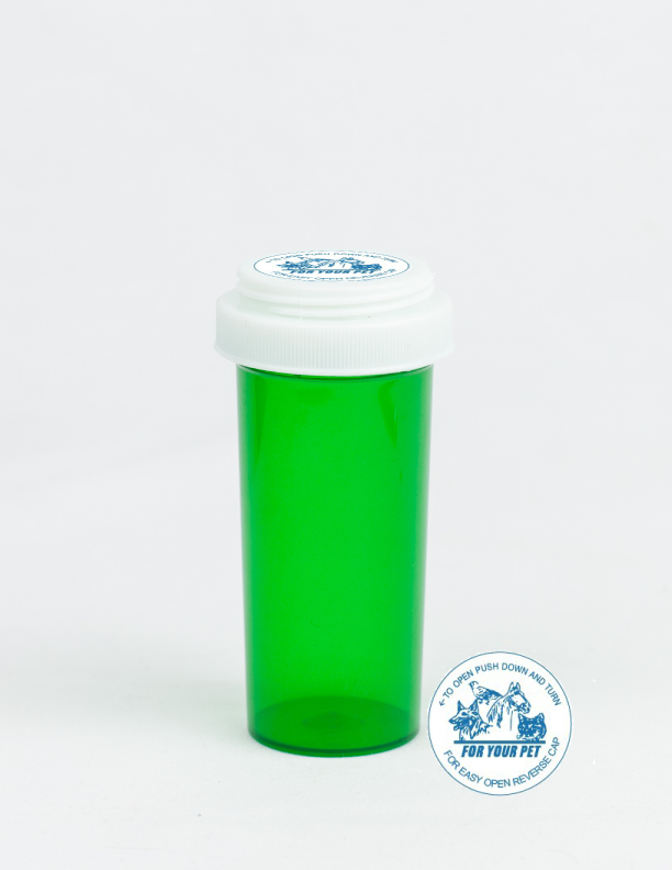30 Dram Green Vial and Vet Cap, Reversible Plastic Prescription Vials
