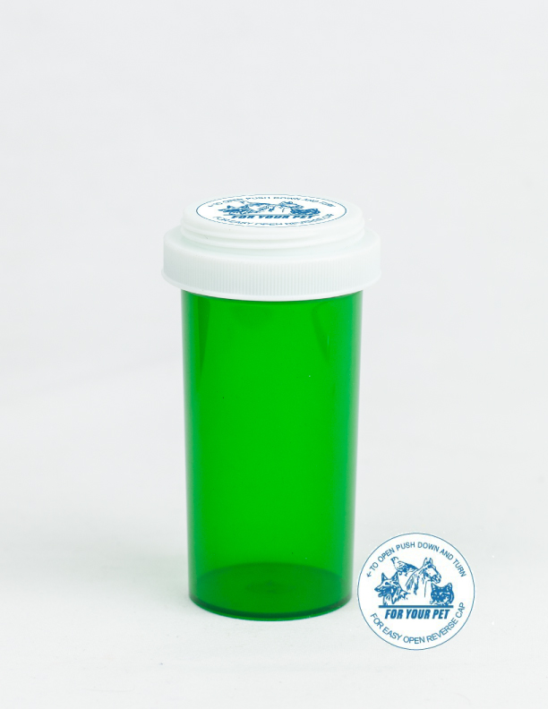 40 Dram Green Vial and Vet Cap, Reversible Plastic Prescription Vials