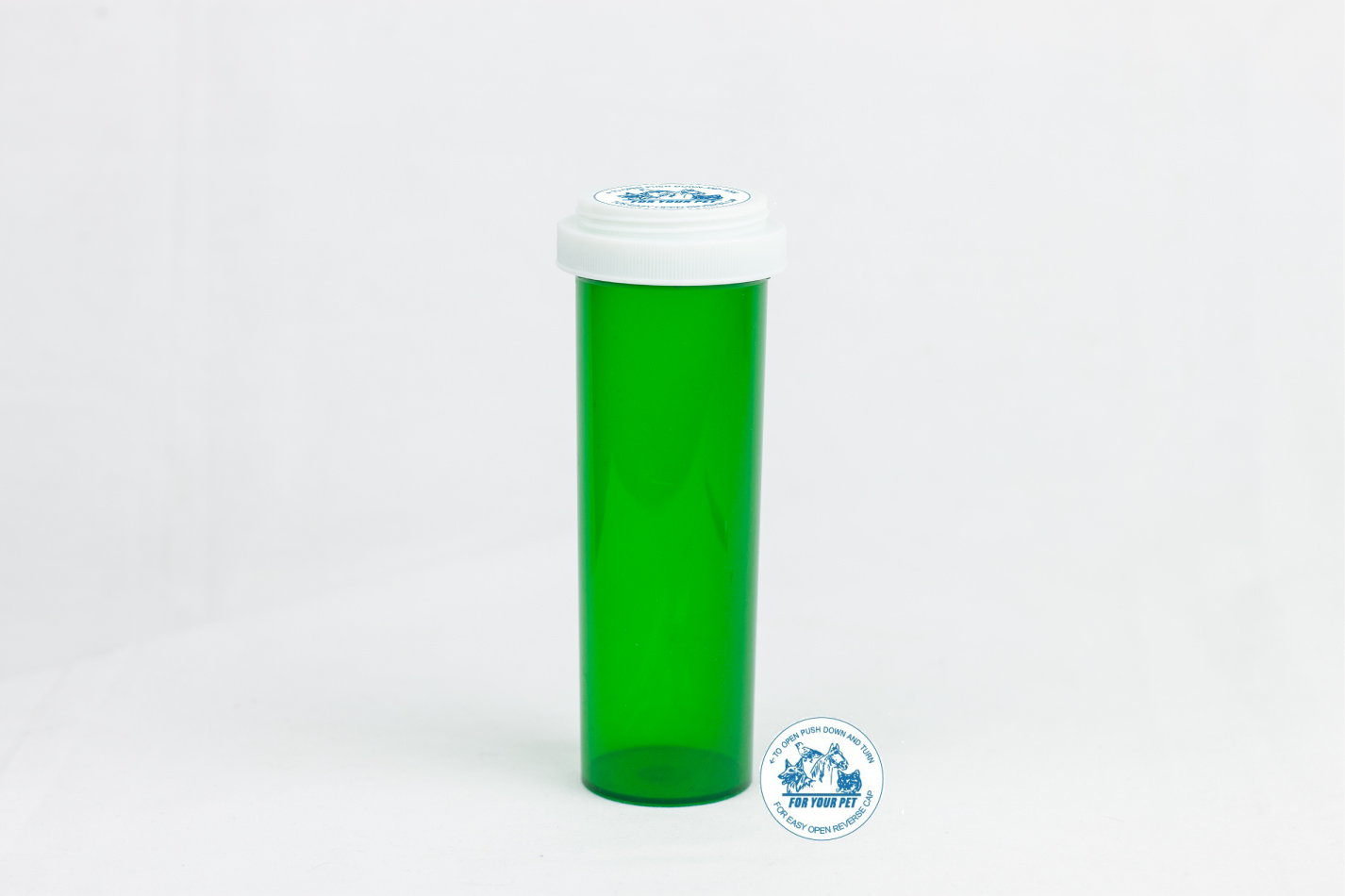 60 Dram Green Vial and Vet Cap, Reversible Plastic Prescription Vials
