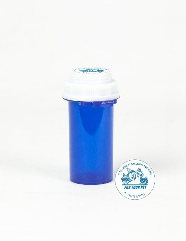 10 Dram Blue Vial and Vet Cap, Thumb Tab Plastic Prescription Vials